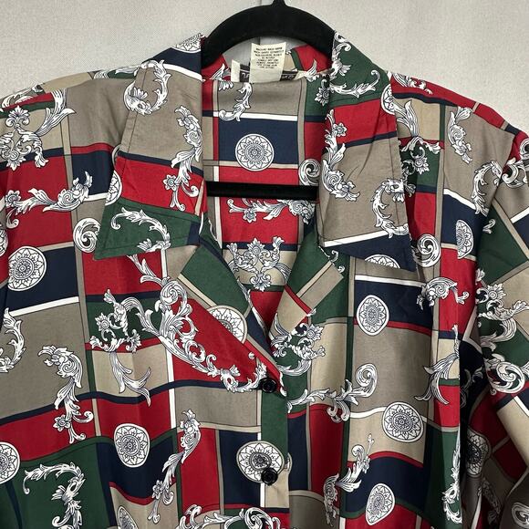 Womens VTG 80s Judy Bond Silky Navy & Green Faux Button Front Banded Top USA 18 - Picture 3 of 6